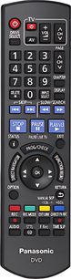 Svart Panasonic DVD-fjärrkontroll med flerfärgade knappar och LCD-skärm som visar "PROG/CHECK" mot blå bakgrund