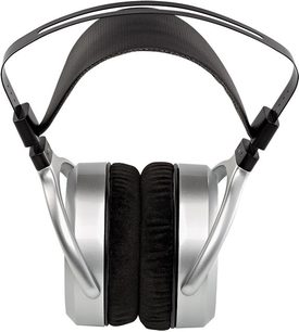 Åben hi-fi hovedtelefon Hifiman HE400S i sølvfarvet og sort aluminium, polstret hovedbøjle, ovale ørepuder, set forfra