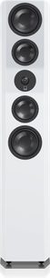 SVS Ultra Evolution Tower blanc laqué, enceinte colonne, vue de face, 4 haut-parleurs circulaires noirs alignés verticalement sur façade blanche