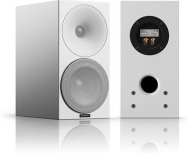 Amphion Helium 510 witte boekenplankluidsprekers, rechthoekige behuizing, 2 luidsprekers, zwarte voet