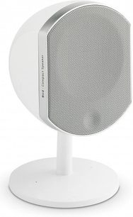 Focal Bird compact cylindrical speaker in white, with a light gray grille, white base, and a sleek, elegant design