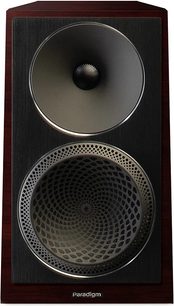 Paradigm Founder 40B bookshelf speaker in dark cherry, front view, concentric circular black speakers on dark wood cabinet
