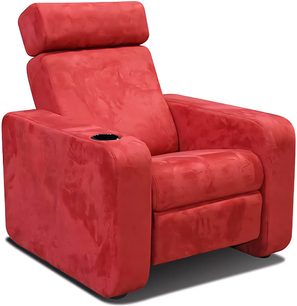Fotoliu home cinema Oray POP roșu, forme rotunjite, spătar înalt perforat, cotiere late, bază compactă