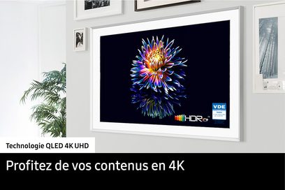 Samsung højdefinitions-tv F-TQ65LS03D-BF, sort skærm, hvid ramme, billede af farverig blomst, grå væg, grøn plante