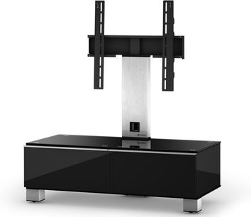 Sonorous MD8095 melns spīdīgs TV skapītis, 2 durvis, TV statīvs ar centrālo kāju, stikla plaukts, hromētas kājas