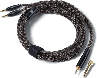Cavo audio grigio scuro con guaina intrecciata, mini-jack 3,5 mm L/R, jack 3,5 mm dorato con adattatore da 6,35 mm, vista dall’alto