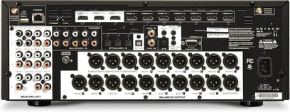 Anthem AVM 90 8K home theater preamp, black front panel with numerous inputs, buttons, and LED display, front view
