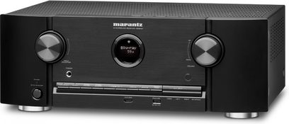 Marantz SR5007 sort home-cinema-forstærker, børstet aluminiumsfront, blåt display, drejelige og runde knapper