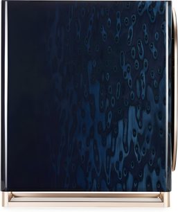 Triangle Capella 2-luidspreker in abyssblauw, zijaanzicht, met glanzende blauw gemarmerde afwerking en gouden voet