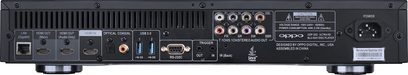 OPPO UDP-203 EU 4K Blu-ray lejárat, hátsó nézet, audio/videó csatlakozók, HDMI, USB, hálózati, optikai, koaxiális portok