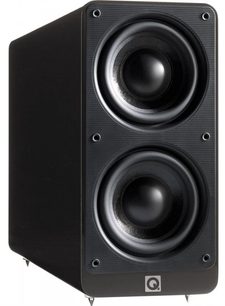 Q Acoustics 2070i sort lakeret baskabinetfront, set forfra, 2 runde sorte højttalere på rektangulær mat sort frontplade
