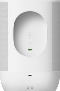 Balta pārnēsājamā Bluetooth skaļrunis Sonos Move 2, aizmugures skats ar integrētu rokturi un iebūvētām vadības pogām