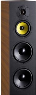 Sloupcový reproduktor Davis Acoustics Vinci 3D v ořechovém provedení, pohled zepředu, 3 kruhové reproduktory vertikálně zarovnané na dřevěné skříni