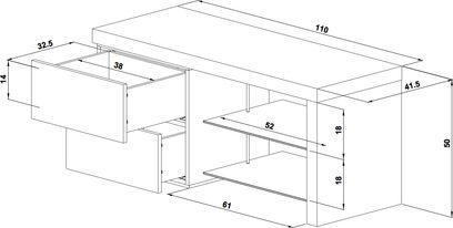 Ateca Quartz audio-videomøbel med dimensioner i centimeter, set forfra og fra siden, 2 skuffer, 2 nicher, i lyst træ