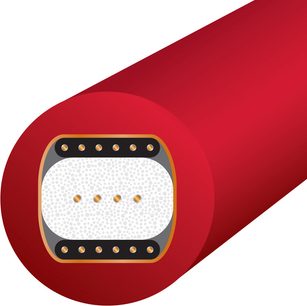 Cavo coassiale digitale Wireworld Starlight 10 Coaxial 1m, sezione trasversale che mostra una guaina rossa, un isolante bianco testurizzato, conduttori dorati e elementi neri rettangolari
