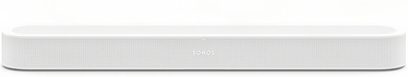 Hvid Sonos Beam Ultra-lydplanke, set forfra med perforeret gitter og centralt logo