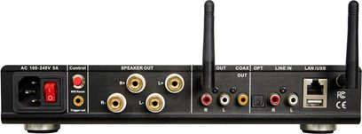 Vista posteriore dell'amplificatore hi-fi stereo Nuprime Omnia A-200 nero con connettori audio e alimentazione