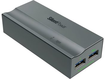 Conditioner USB iFi Audio USB iPurifier Pro, carcasă din aluminiu gri, două porturi USB-A pe fațadă, vedere în trei sferturi