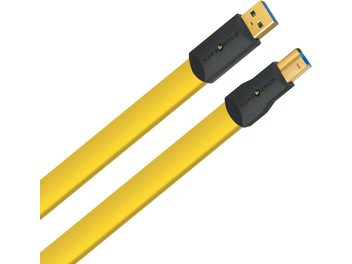 Dwa żółte kable USB z czarnymi złączami USB typu A i B, o identycznej długości i średnicy
