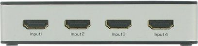 HDMI-omskifter Connect Research CBH5001 5-til-1 i grå metal med 4 indgangsstik og 1 udgangsstik på forsiden