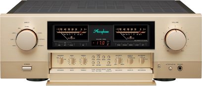 Ampli hi-fi intégré stéréo E-380, vue de face, finition dorée, 2 grands boutons circulaires, 2 écrans rectangulaires, plusieurs petits boutons et commutateurs