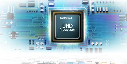 Procesor UHD Samsung na modrofialovém tištěném spoji s elektronickými součástkami