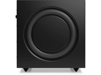 Caisson de grave Audio Pro SW-10 noir, vue de face, avec grand haut-parleur circulaire et pieds coniques