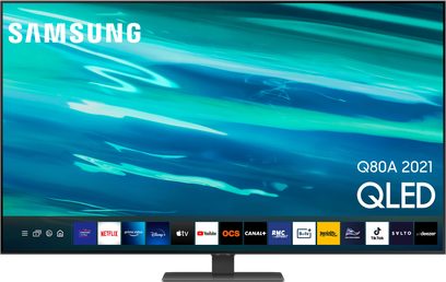 Televizor Samsung QE65Q80A 2021 QLED, plochá obdélníková obrazovka, pohled zepředu, zobrazuje abstraktní tvary v tyrkysově modré barvě