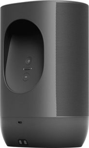 Trådløs, tilsluttet Sonos Move højttaler i sort, set forfra og fra siden, cylindrisk form, sort gitter, knapper på toppen