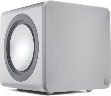 Subwoofer Cambridge Audio Minx X201 biely, kompaktný kockový tvar, tmavosivý kruhový reproduktor, kovová mriežka