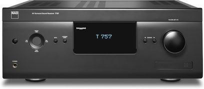 NAD T757 sort hjemmebiografsforstærker, sort front med blå display, knapper og kontrolknapper, set forfra