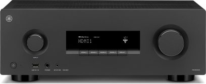 Yamaha RX300A hjemmekinoforsterker i svart, forfra med HDMI-skjerm, volum- og valgknapper