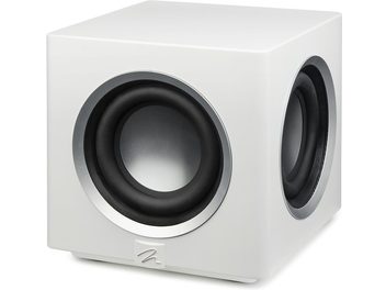 MartinLogan Abyss 8 valkoinen satiini subwoofer, mattavalkoinen viimeistely, kuutiomainen muoto, kolmen neljäsosan näkymä kahdella pyöreällä aukolla