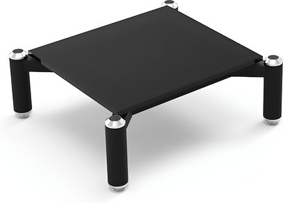 Musta suorakulmainen hylly neljällä hopeisella sylinterimäisellä jalalla, yläviistokuva, Norstone Design Spider I musta
