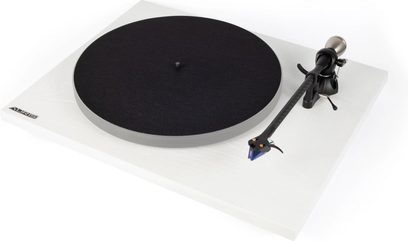 Tocadiscos de vinilo Auris Audio Blues blanco, plato negro y brazo de lectura negro, vista cenital