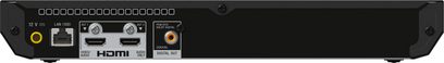 Leitor Blu-ray 4K Sony UBP-X700, vista traseira, conectores HDMI, saída coaxial, porta LAN, tomada de alimentação 12V