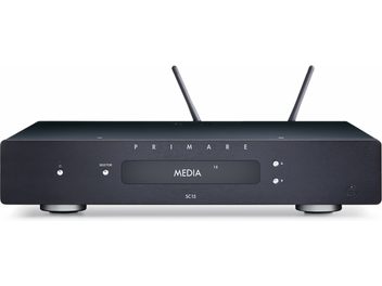 Primare SC15 Prisma MK2 Netzwerk-Audioplayer, schwarz, Frontansicht mit Display, Auswahl- und Navigationstasten aus gebürstetem Metall