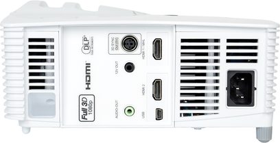 Optoma HD26 hvid videoprojektor, set forfra, med HDMI-, USB-, VGA-, lyd-, strøm- og ventilationsgitre