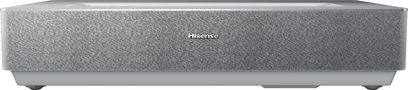 Hisense 100L5HD projektor, set forfra, grå finish, centreret logo, tekstureret overflade, sorte fødder