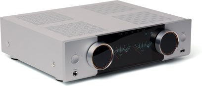 Onkyo Y-50 gray integrated stereo hi-fi transistor amplifier, black front panel with two large knobs and blue VU meters