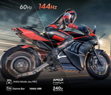 Ilustrație împărțită 60Hz/144Hz, motociclist în piele pe o motocicletă sportivă neagră și roșie din metal și plastic, vedere laterală