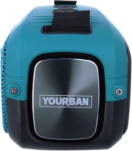 Přenosný Bluetooth reproduktor Yourban Getone 60 modrý, pohled zepředu, černý lesklý povrch, modré okraje, stříbrné šrouby, černý popruh