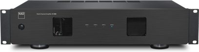 Amplificatore multicanale NAD CI-980 nero in metallo spazzolato, vista frontale, pannello rettangolare in formato rack con staffe, pulsante di accensione circolare a sinistra, due griglie di ventilazione a maglia e quattro indicatori LED centrali