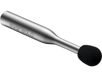 Microfon de calibrare EverSolo EM-01 din metal argintiu, cu un cap acoperit cu spumă neagră și un corp cilindric alungit