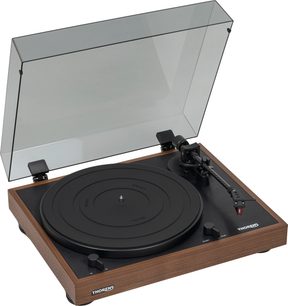 Giradischi Thorens TD 402 DD OAK 2R in legno chiaro, piatto nero e coperchio trasparente sollevato