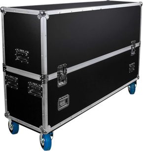 Flightcase til skærm Power Acoustics Flight double écran 65, sort med sølvfarvede kanter og blå hjul