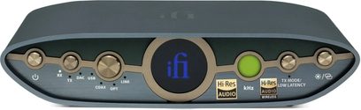 Безжичен предавател iFi Audio Zen Blue 3, преден изглед, бутони и светлинни индикатори, тъмносиво покритие