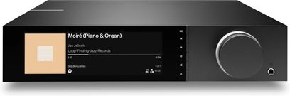 Cambridge Audio Evo 300 amplificatore stereo nero, schermo a colori con copertina dell'album e grande manopola del volume sul frontale