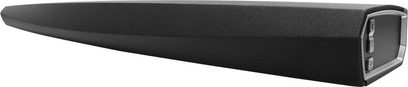 Denon HEOS BAR soundbar set forfra i sort, metalgitter i fuld længde, integreret LCD-skærm