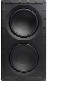 Wbudowany subwoofer DCS-208IW3 z 2 czarnymi okrągłymi głośnikami, prostokątną ramką, widocznymi śrubami na obwodzie